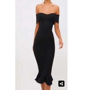 Black Bardot Frill Hemi Midi Dress
